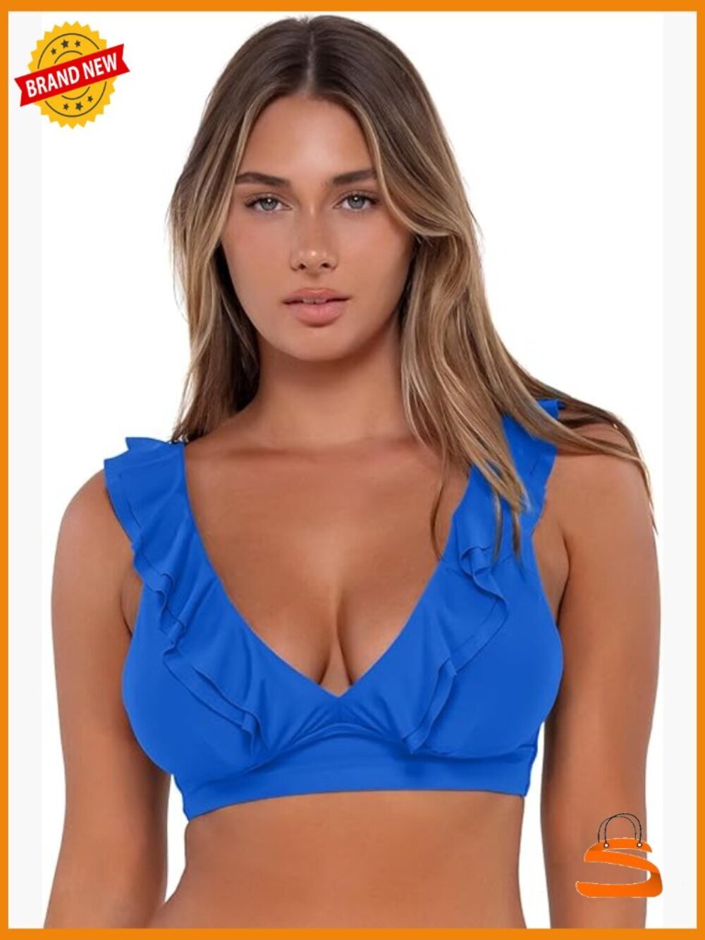 Wireless Bikini Top with Removable Cups, 36DD, Ruffle Neckline, Crossback